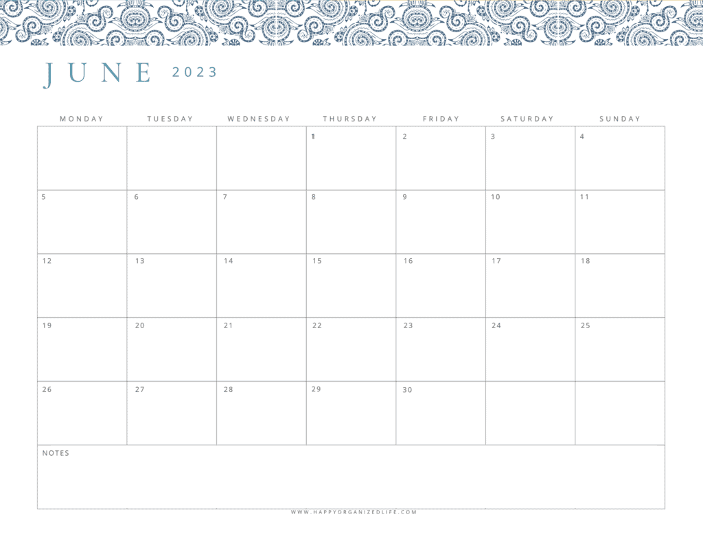 June 2023 Calendar Blue Paisley Monday Start Design