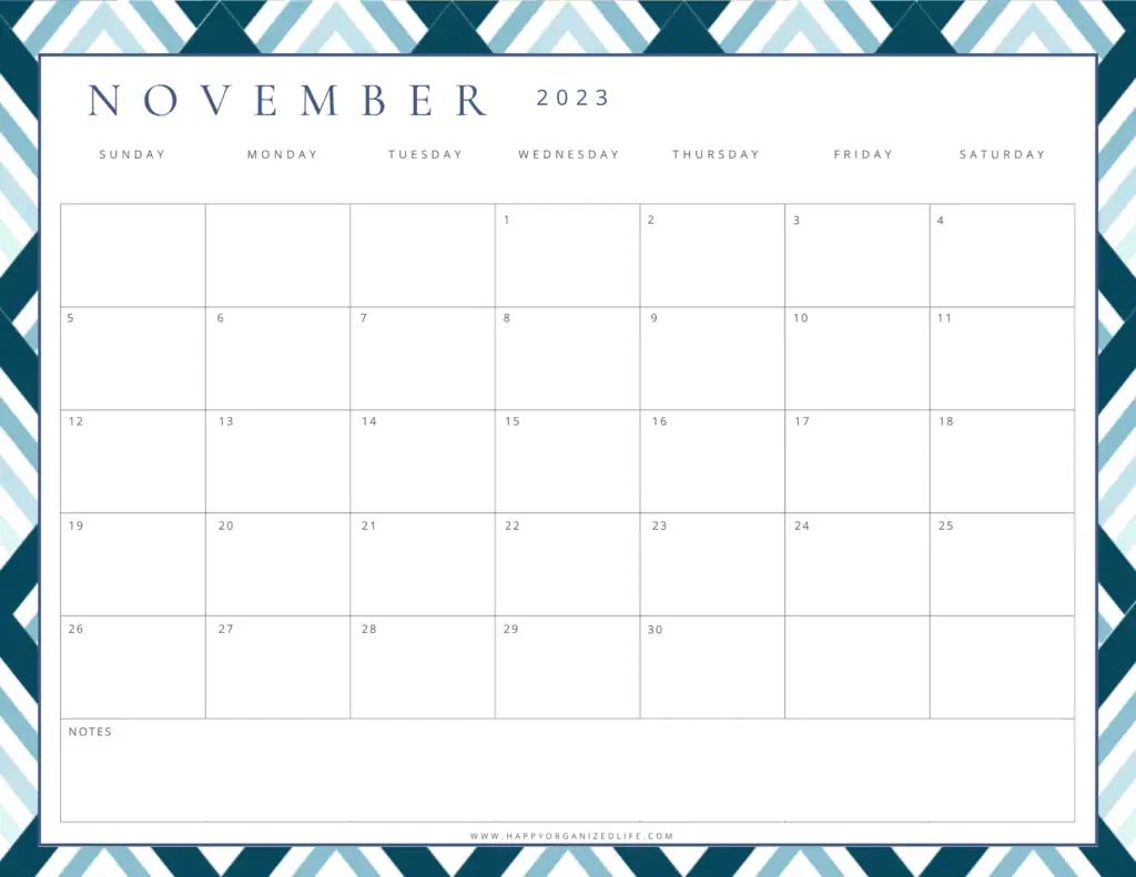 November 2023 Calendar Dark and Light Blue Geometric Design