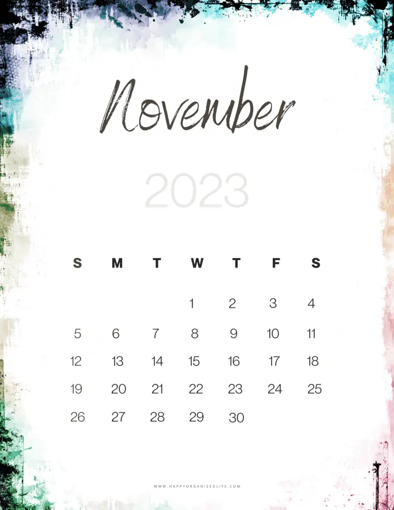 November 2023 Calendar Paint Splatter Design