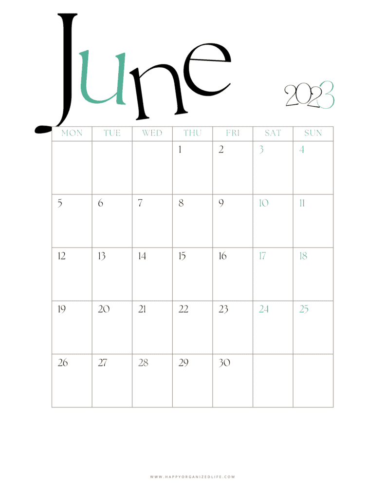 June 2023 Calendar Black and Green Vertical Monday Start