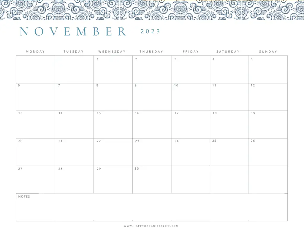 November 2023 Calendar Blue Paisley Monday Start Design