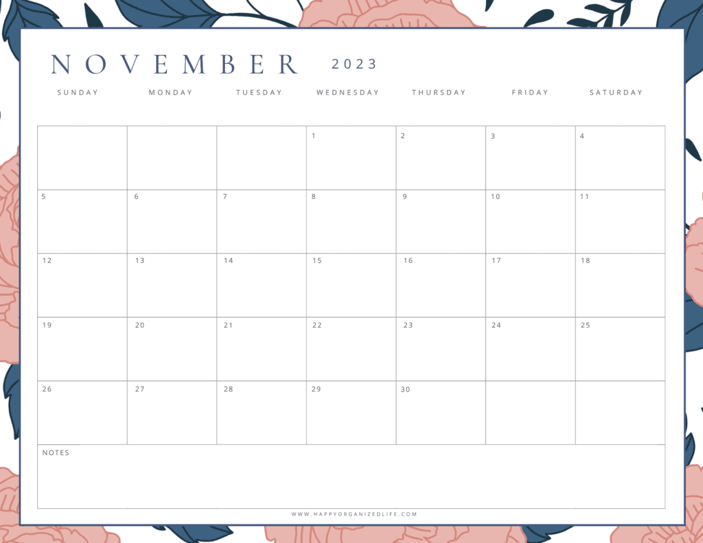 November 2023 calendar pink and navy design