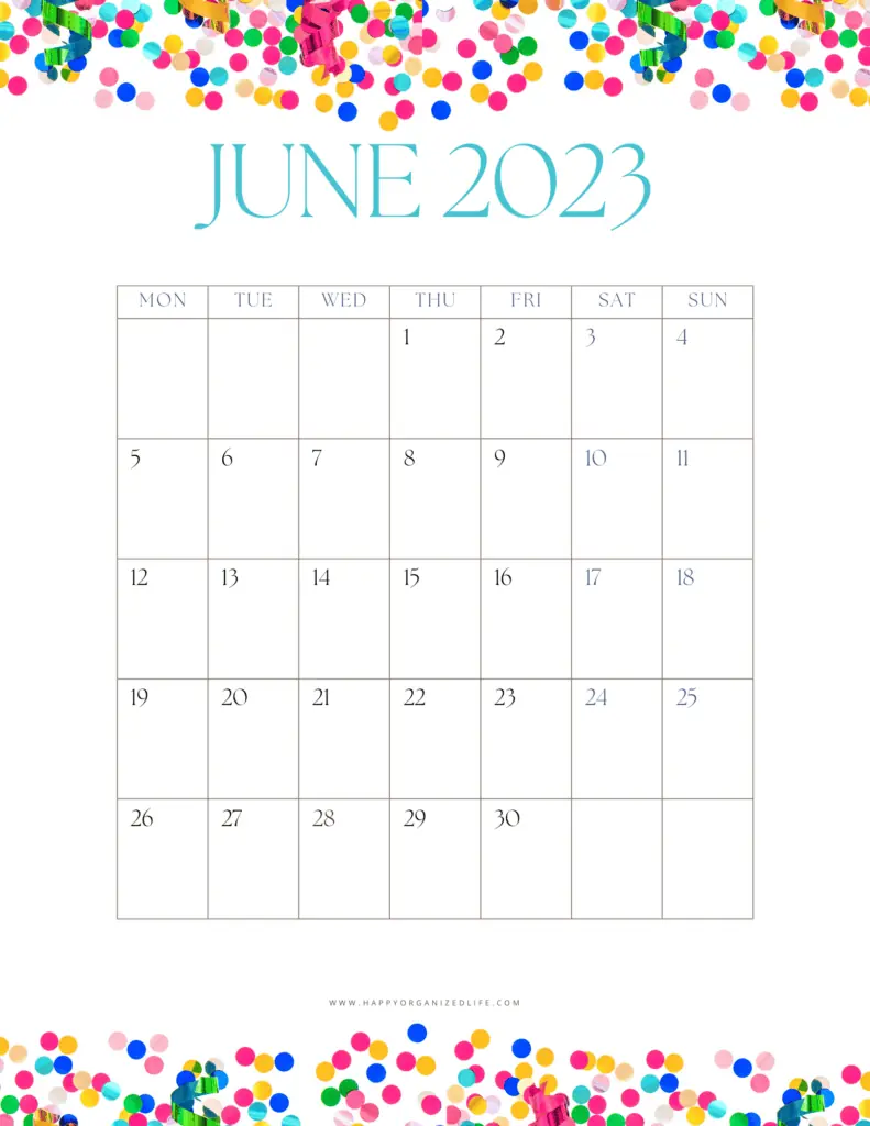 June 2023 Calendar Colorful Confetti Vertical Design