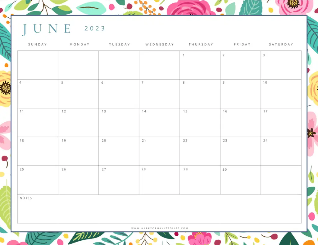 June 2023 Calendar Bright Pink Yellow and Green Design