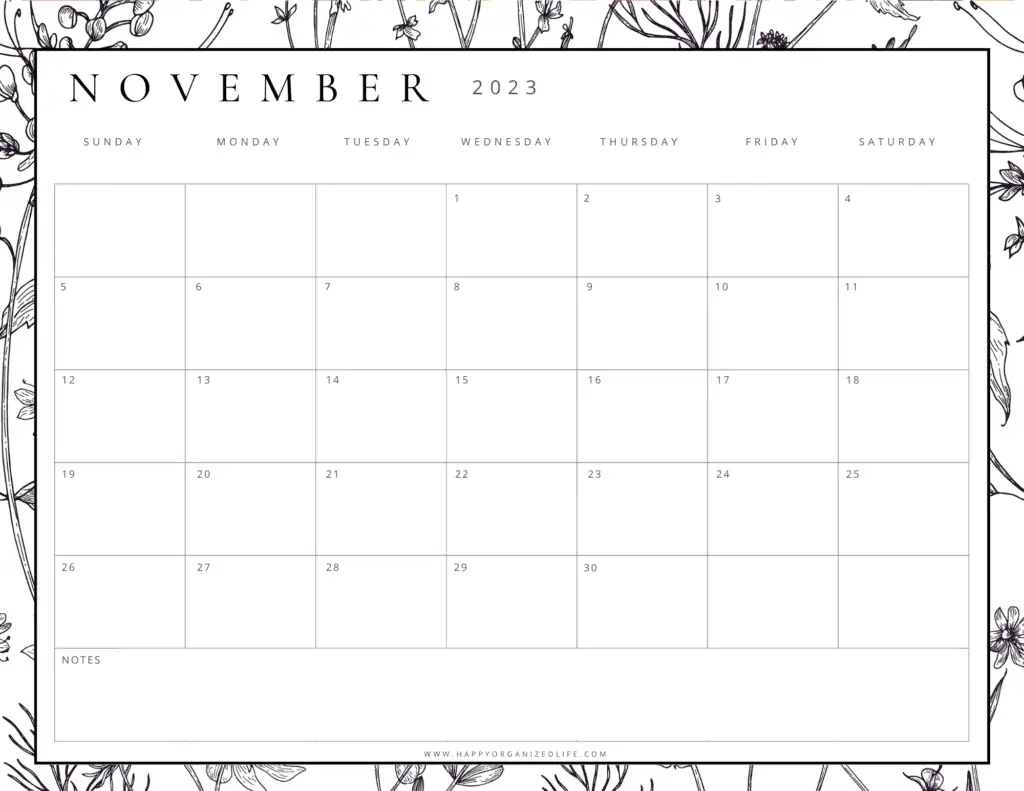 November 2023 Calendar Black and White Floral Design