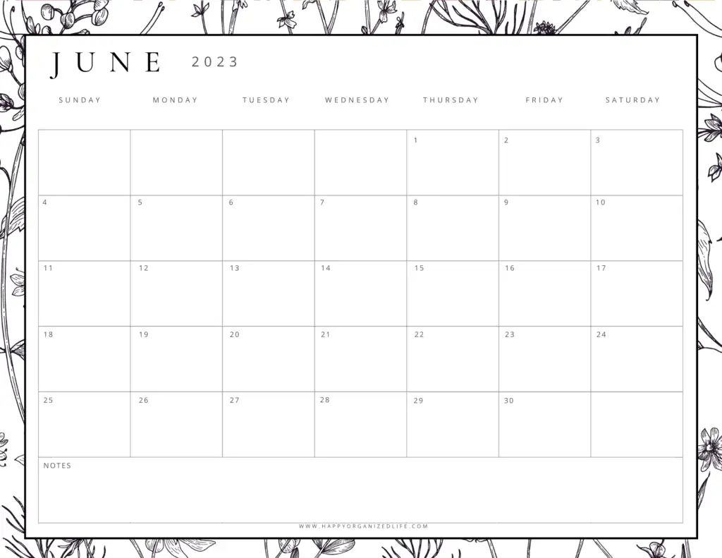 June 2023 Calendar Black and White Floral Design
