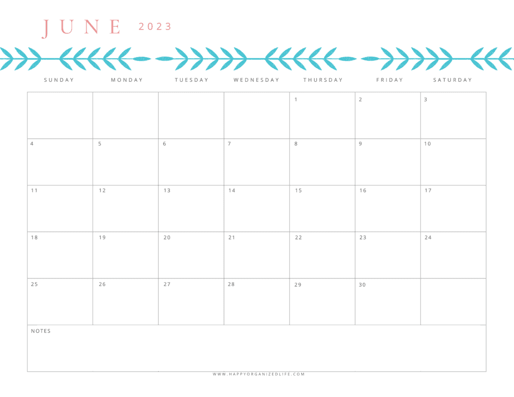 June 2023 Calendar Aqua Fern Border