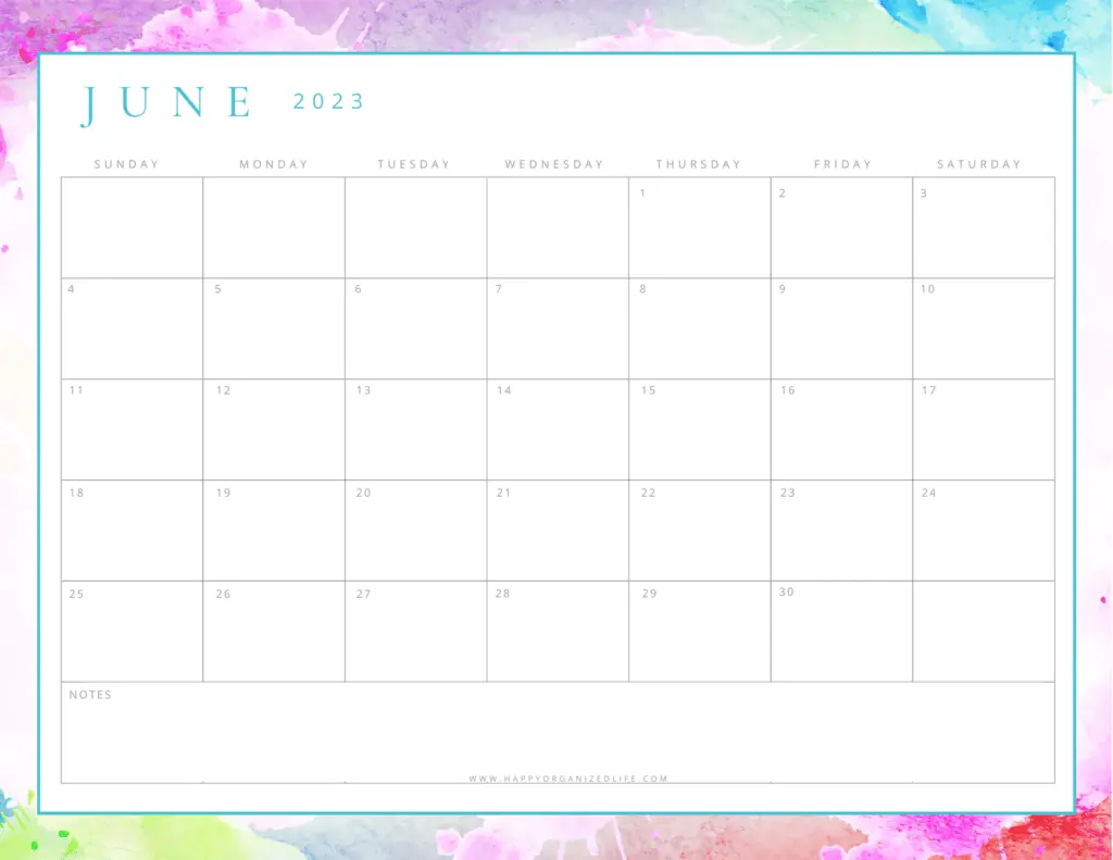 June 2023 Calendar Watercolor Design