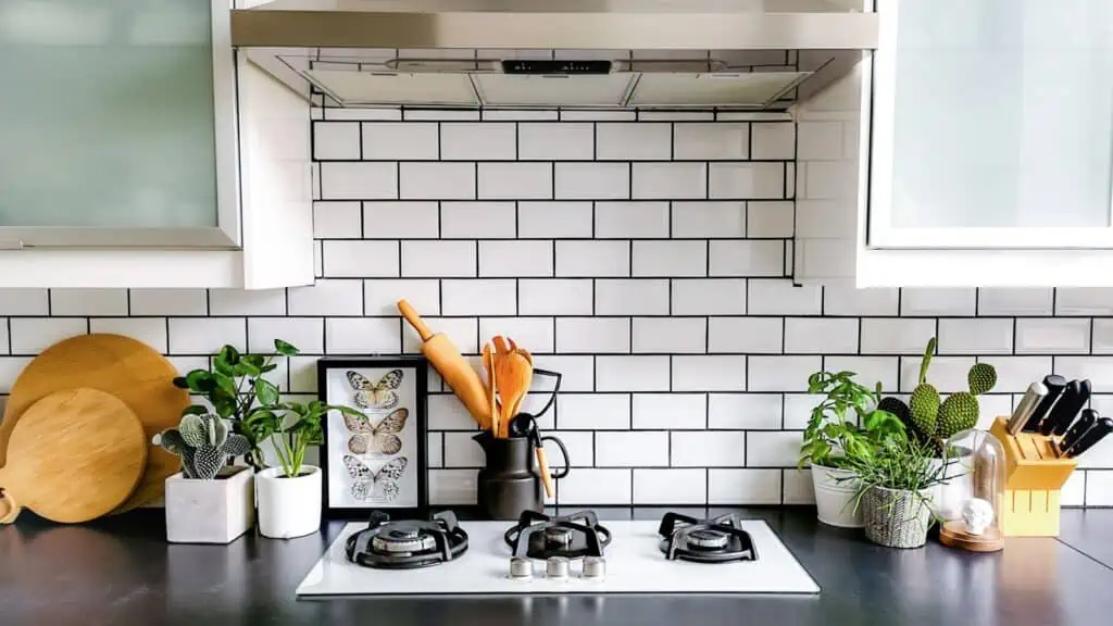 black and white kitchen subway tile