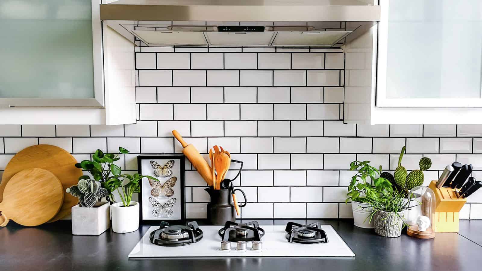 black and white kitchen subway tile