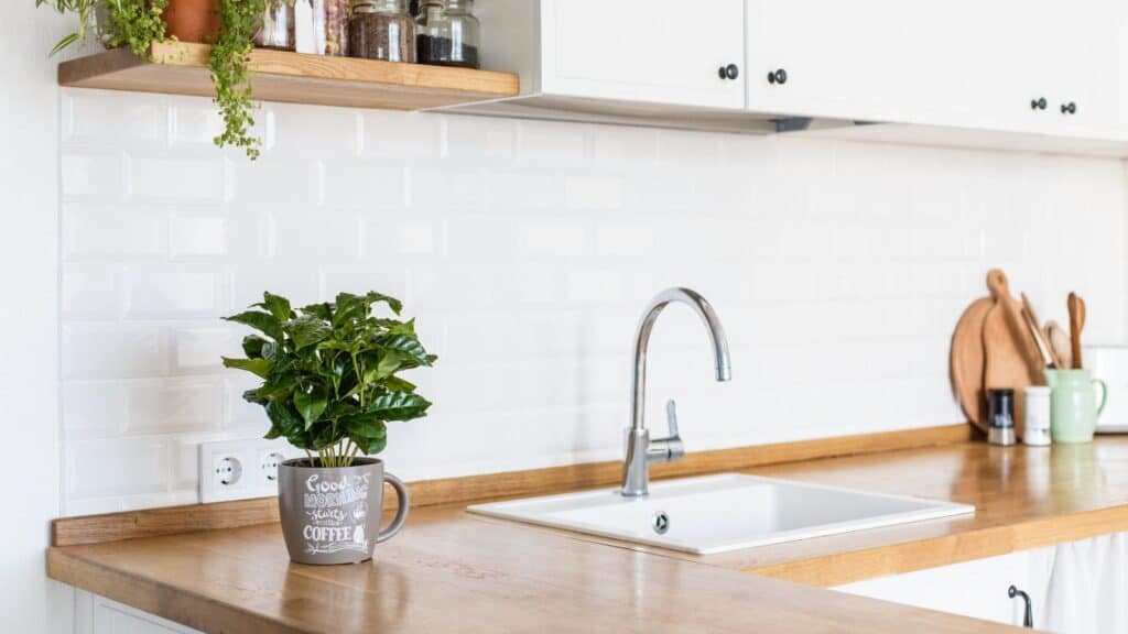 tidy kitchen with white subway tile backsplash and small plant on counter