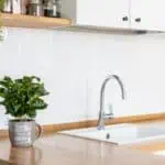 tidy kitchen with white subway tile backsplash and small plant on counter
