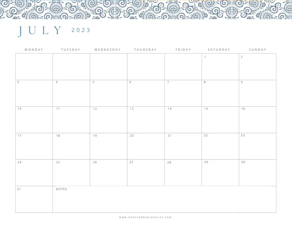 July 2023 Calendar Blue Paisley Monday Start Design