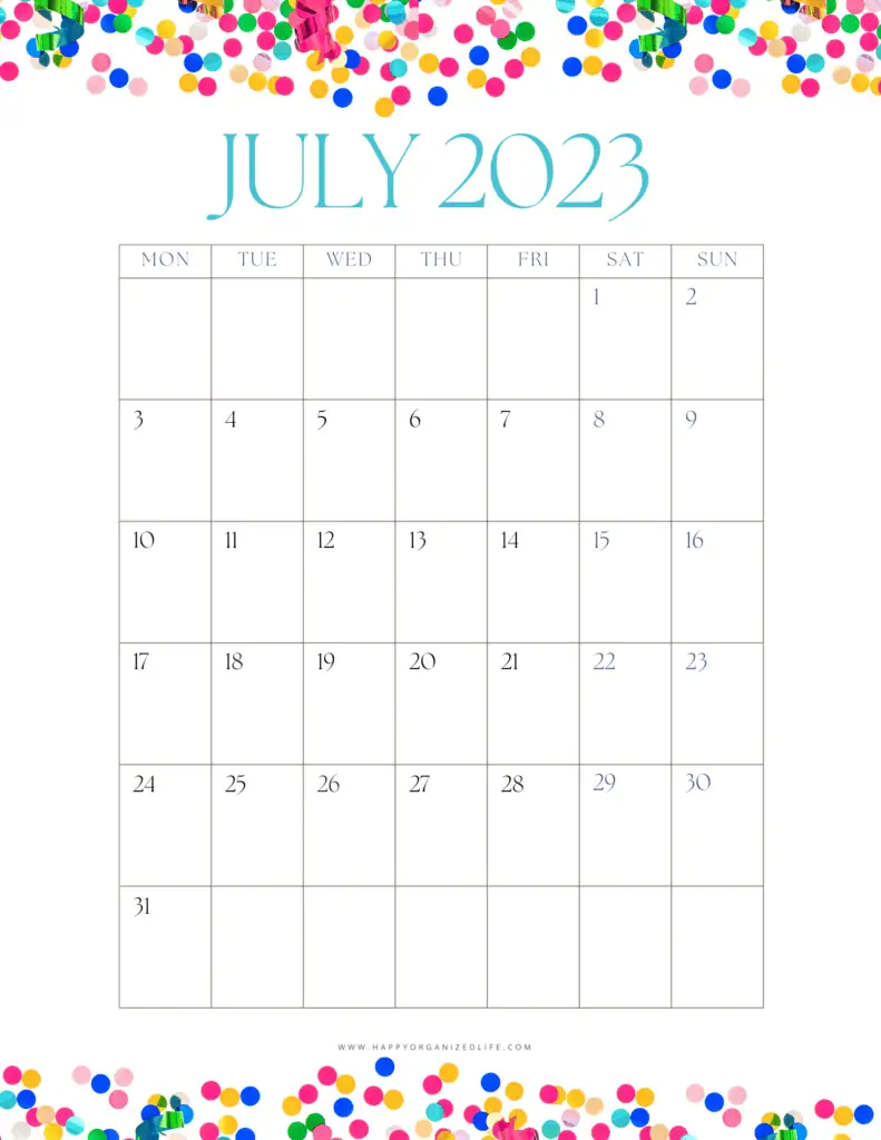 July 2023 Calendar - Confetti