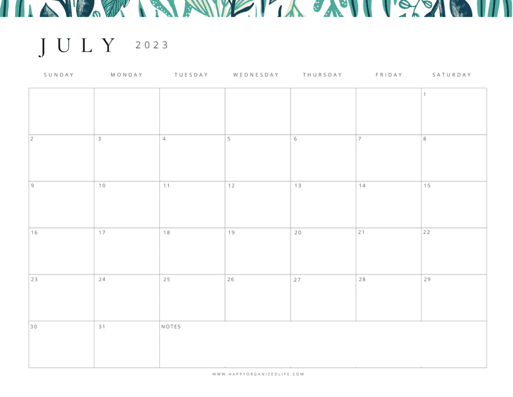 July 2023 calendar green floral design