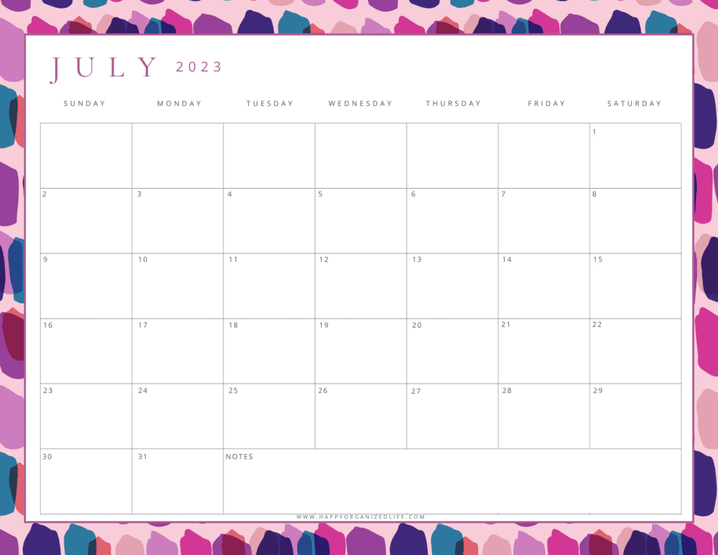 July 2023 Calendar Purple Geometric Design