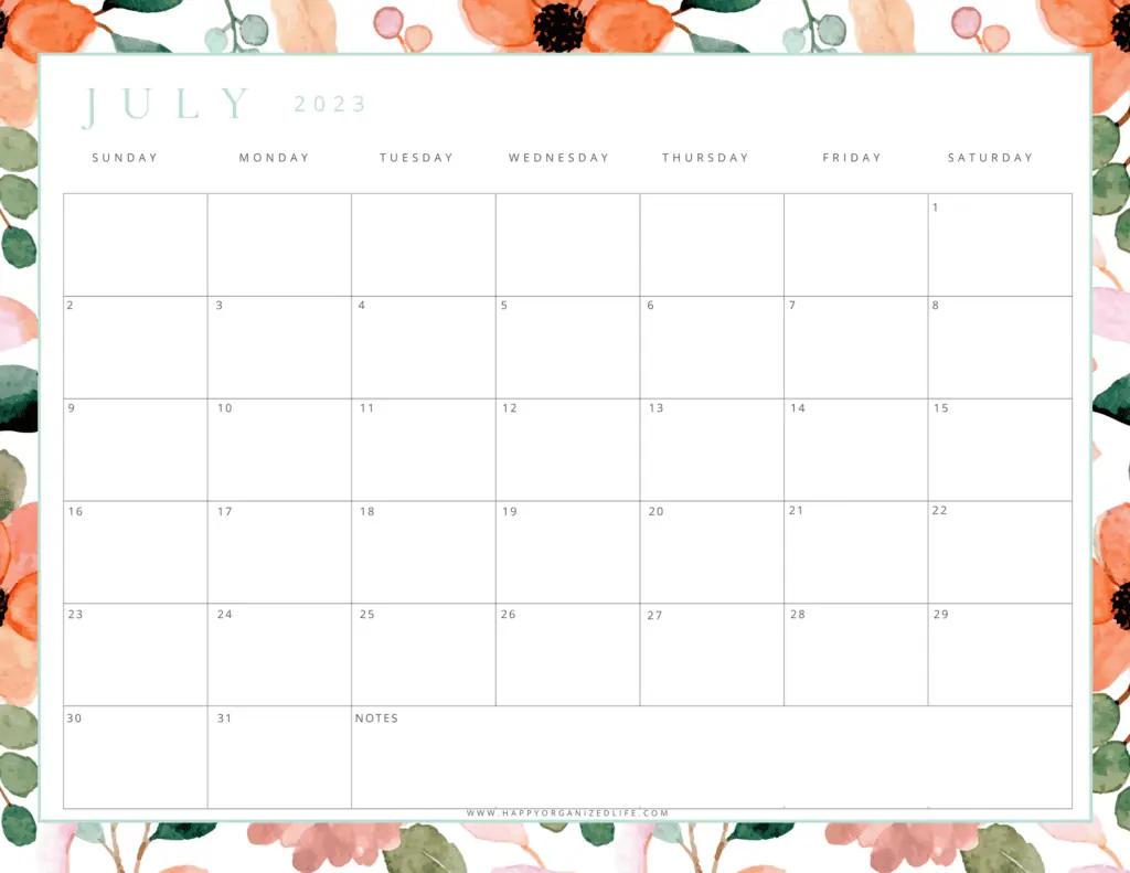 July 2023 Calendar Bright Orange and Green Design