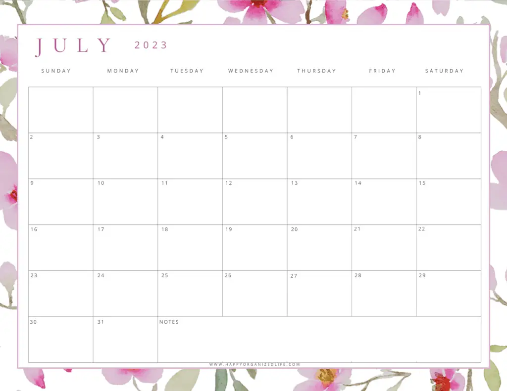 July 2023 Calendar Pastel Pink and Purple Design