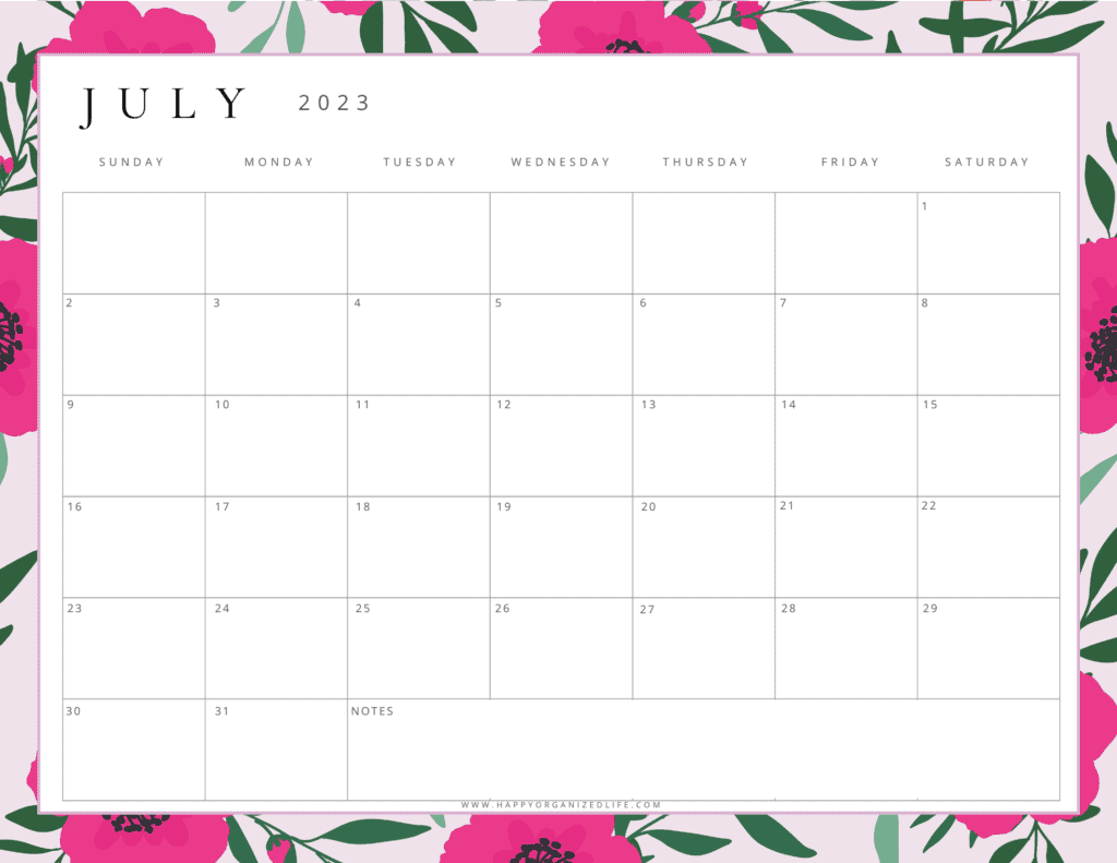 July 2023 Calendar Hot Pink Floral Design