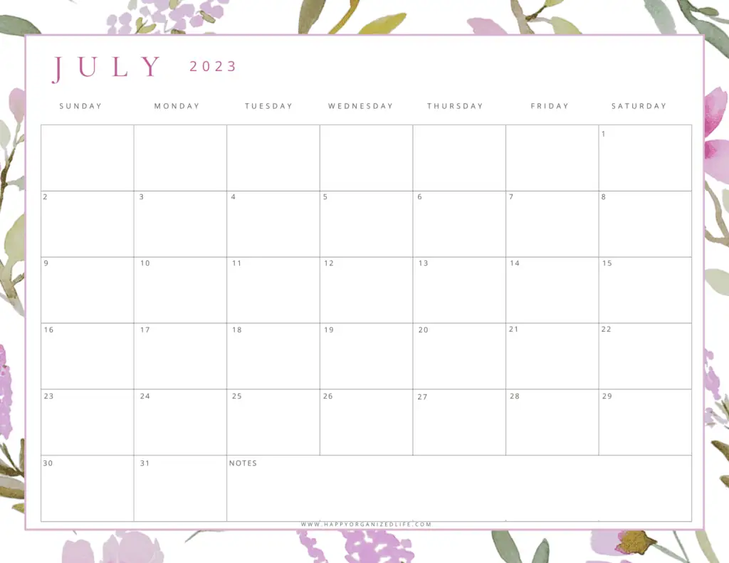 July 2023 Calendar Lavender and Green Floral Design