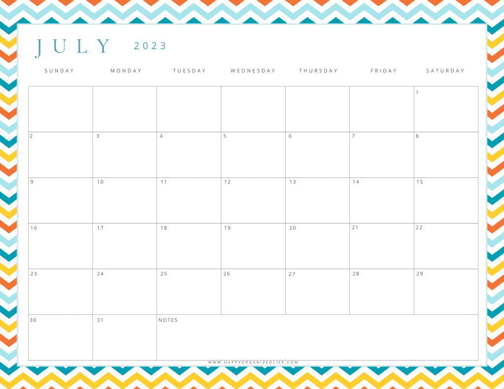 July 2023 Calendar Brightly Colored Chevron Design