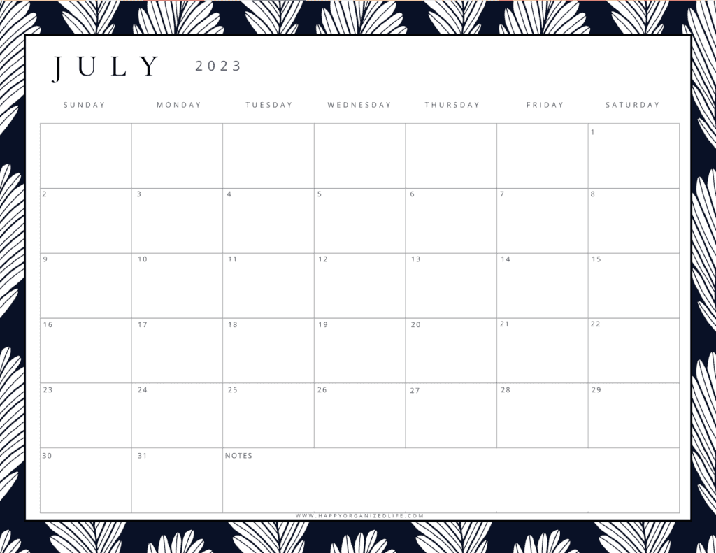 July 2023 Calendar Black and White Leaf Design