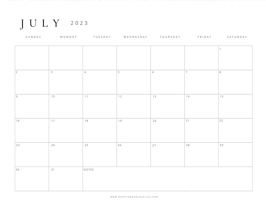July 2023 Calendar Black and White Minimalist Design