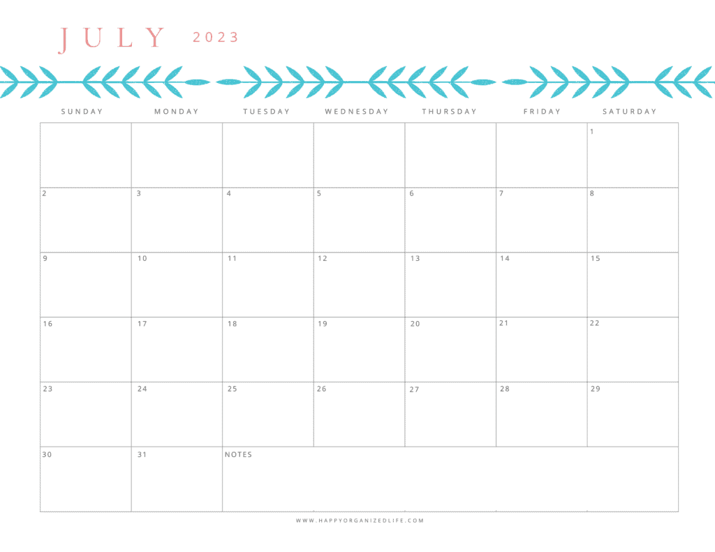 July 2023 Calendar Aqua Fern Border
