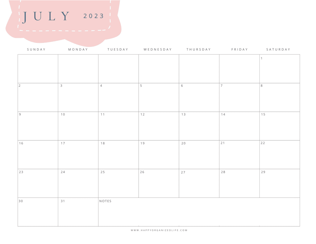 July Minimalist Blush Calendar
