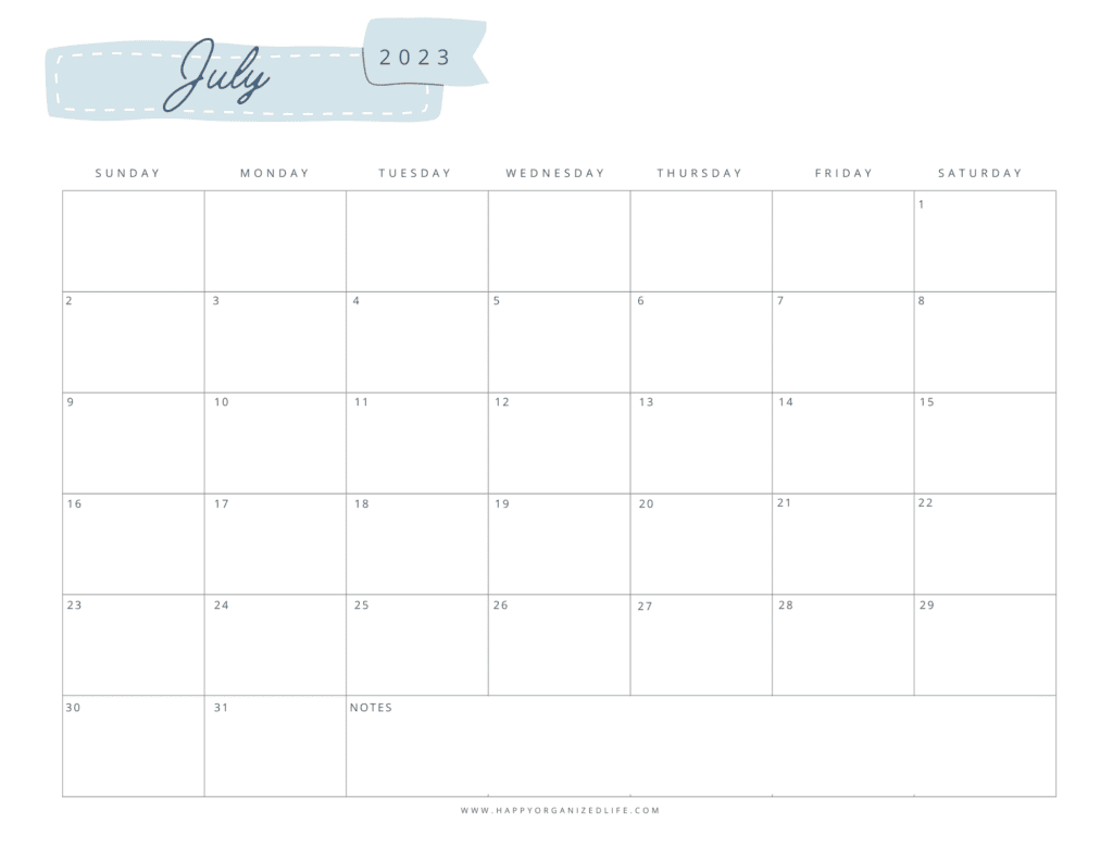 July 2023 Calendar Minimalist Sea Foam Design