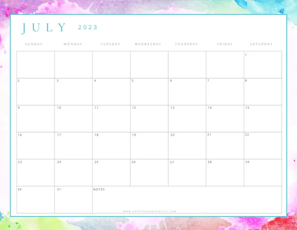 July 2023 Calendar Watercolor Design