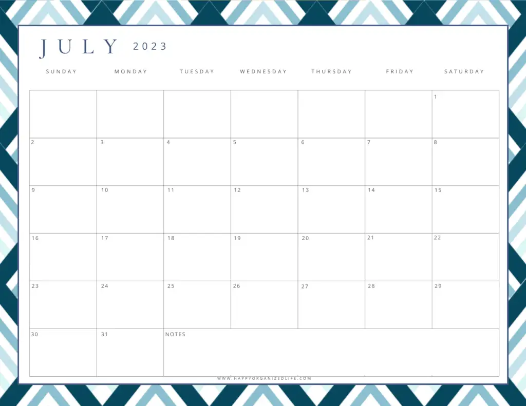July 2023 Calendar Dark and Light Blue Geometric Design