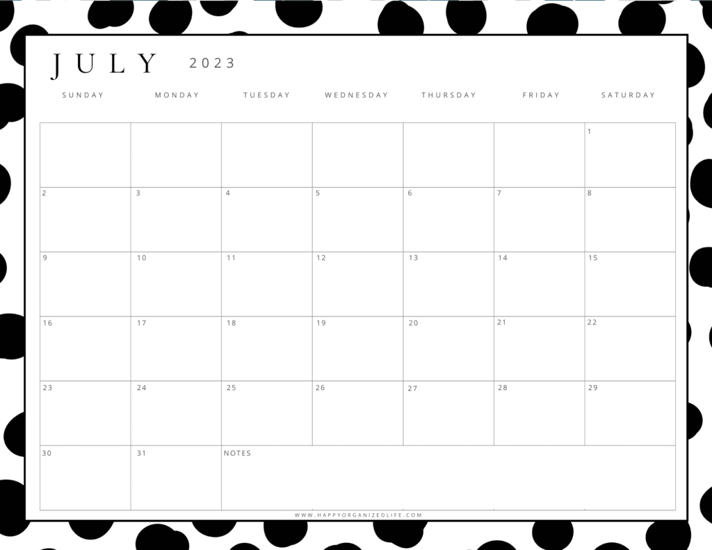 July 2023 Calendar Black and White Geometric Design