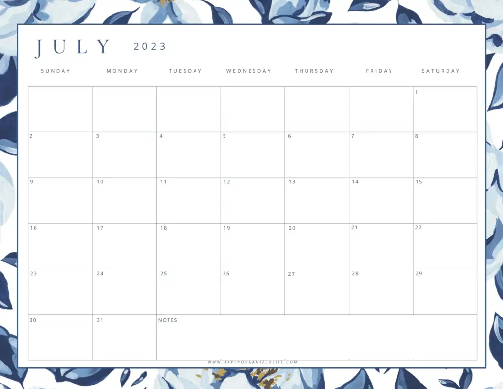 July 2023 calendar light and dark blue floral design