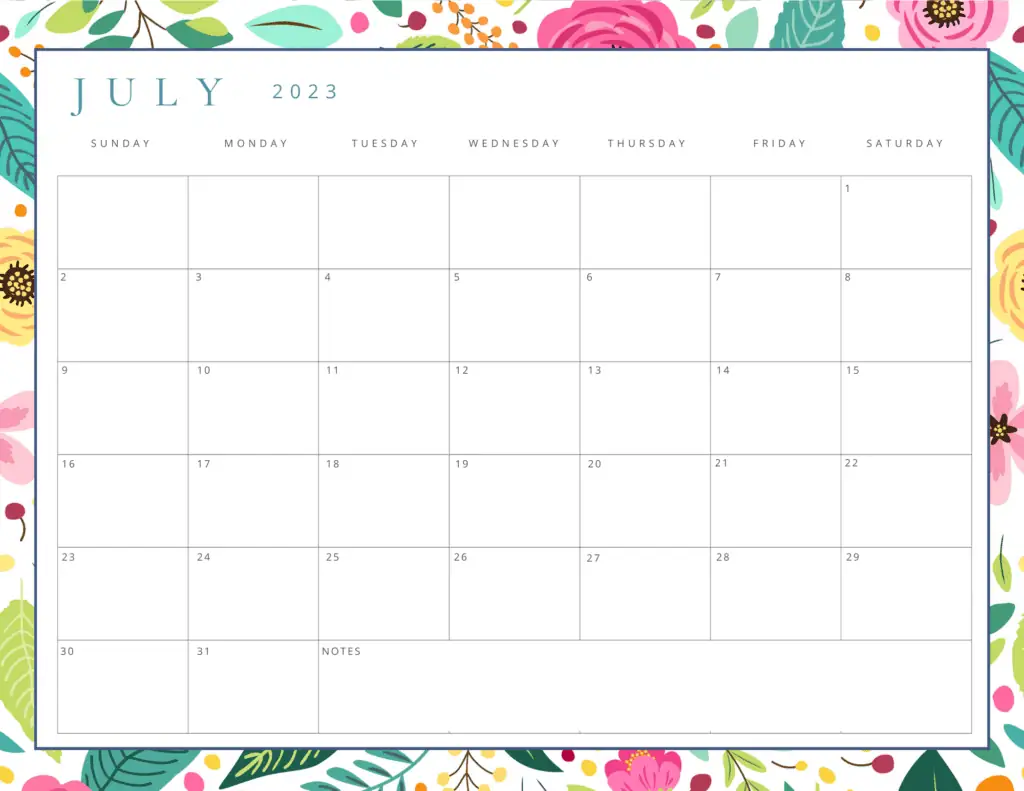 July 2023 Calendar Bright Pink Yellow and Green Design