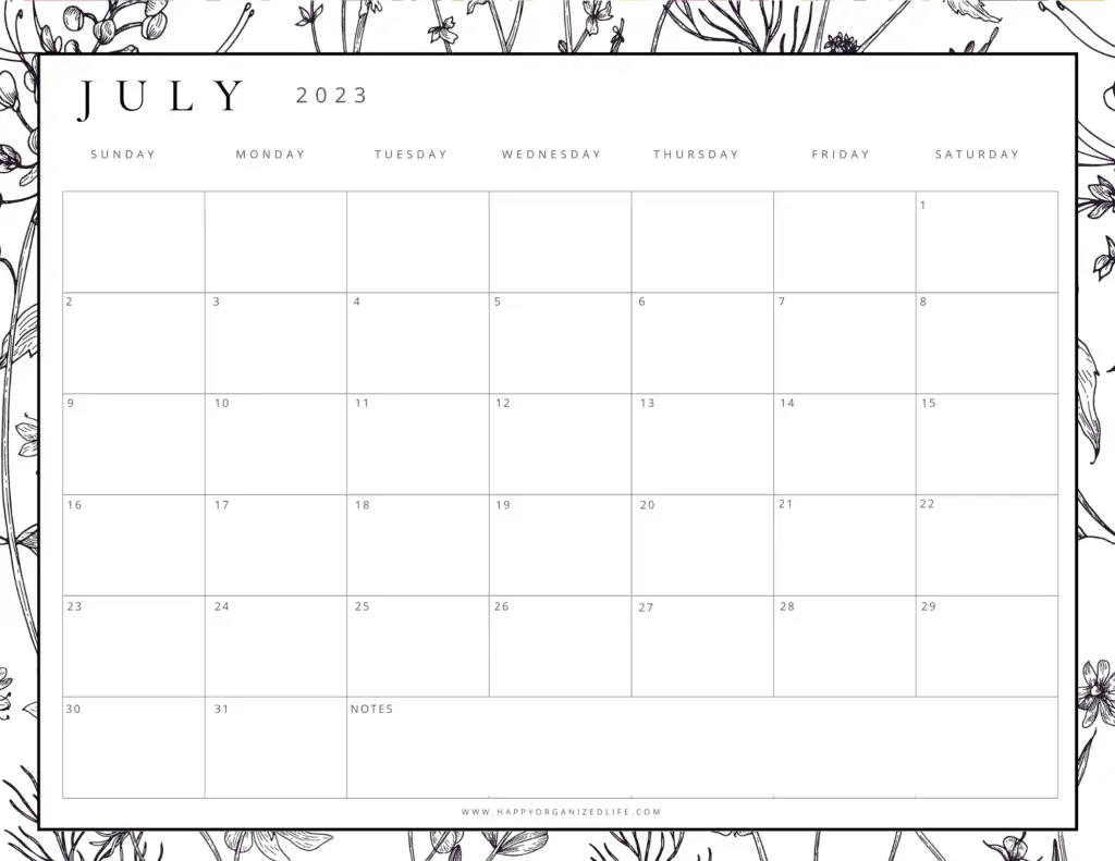 July 2023 Calendar Black and White Floral Design
