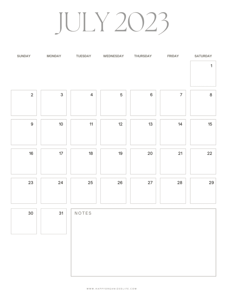 July 2023 Calendar Minimalist with Notes Design
