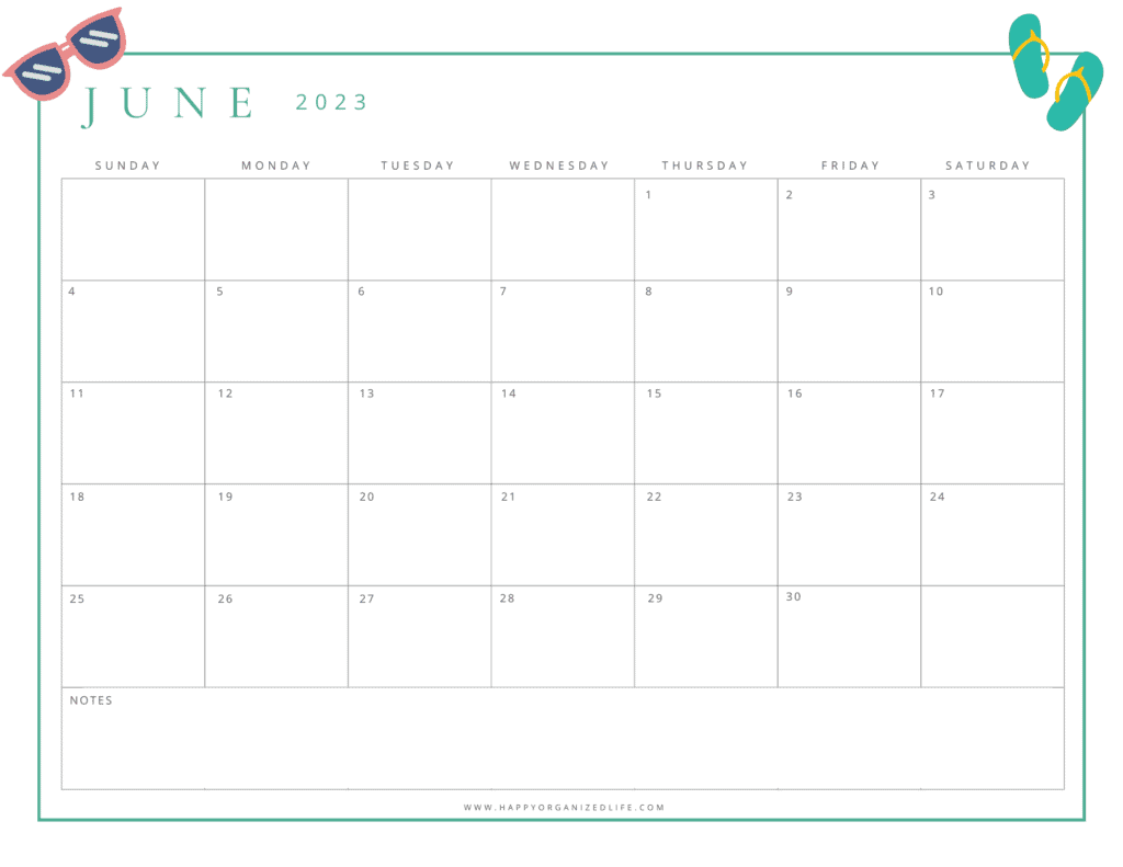 June 2023 Calendar with sunglasses in corner