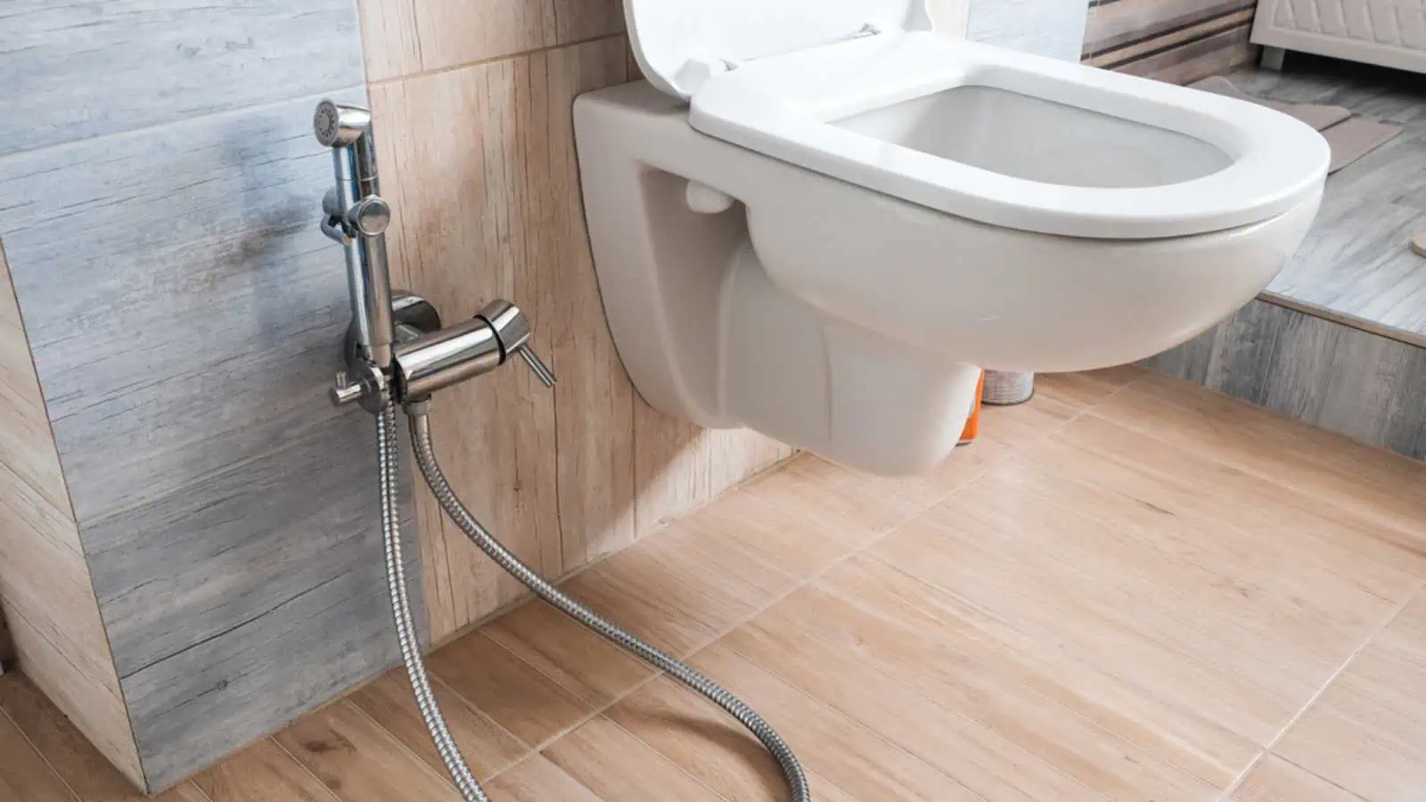 Modern home bathroom interior design with white, toilet or bidet with chrome shower head