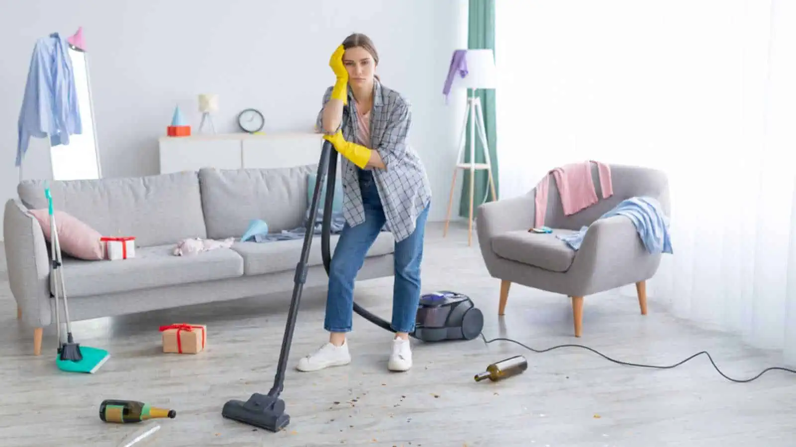 Unhappy young woman standing with vacuum cleaner in messy flat after party, blank space. Upset millennial housewife at dirty room after celebration, garbage scattered everywhere