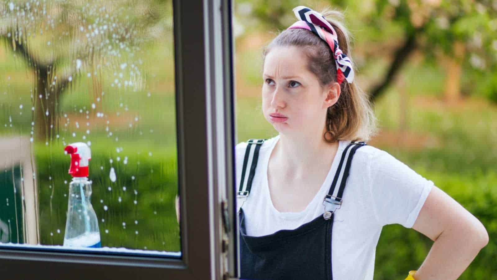 Unhappy beautiful woman cleaning the house, washing windows with tired sigh and a bored face. Cleaning concept.