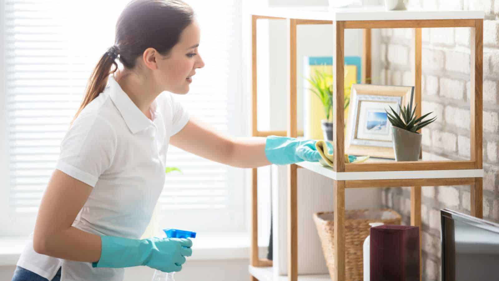 Young Woman Cleaning The Wooden Shelf In Living Room
