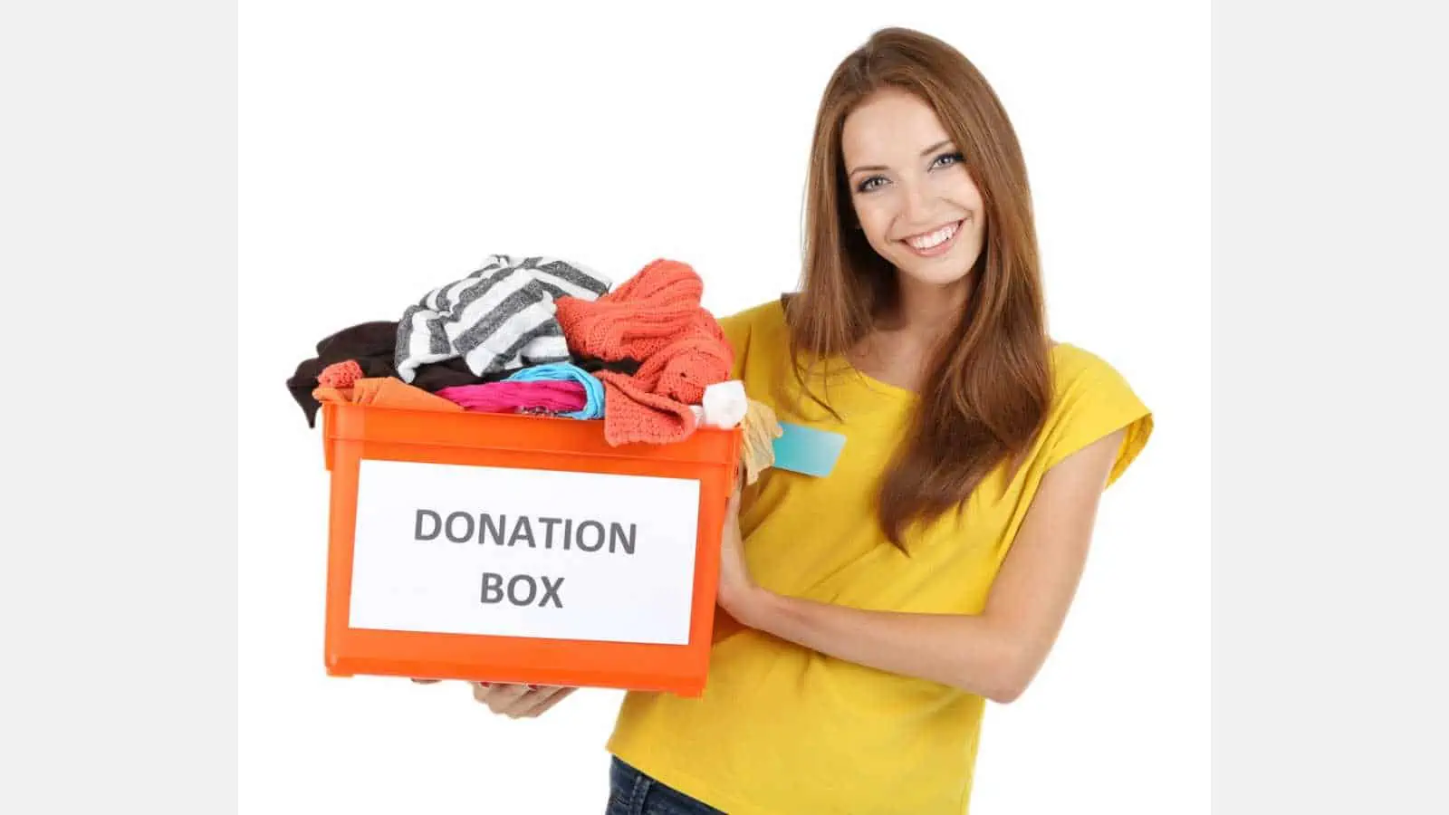 Girl volunteer with donation box isolated on white