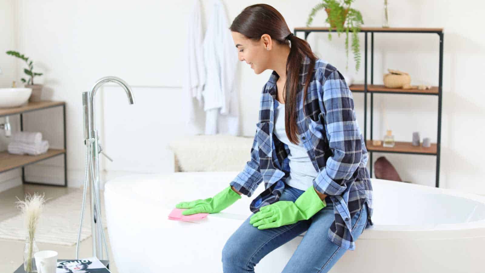 Young Woman cleaning the tub