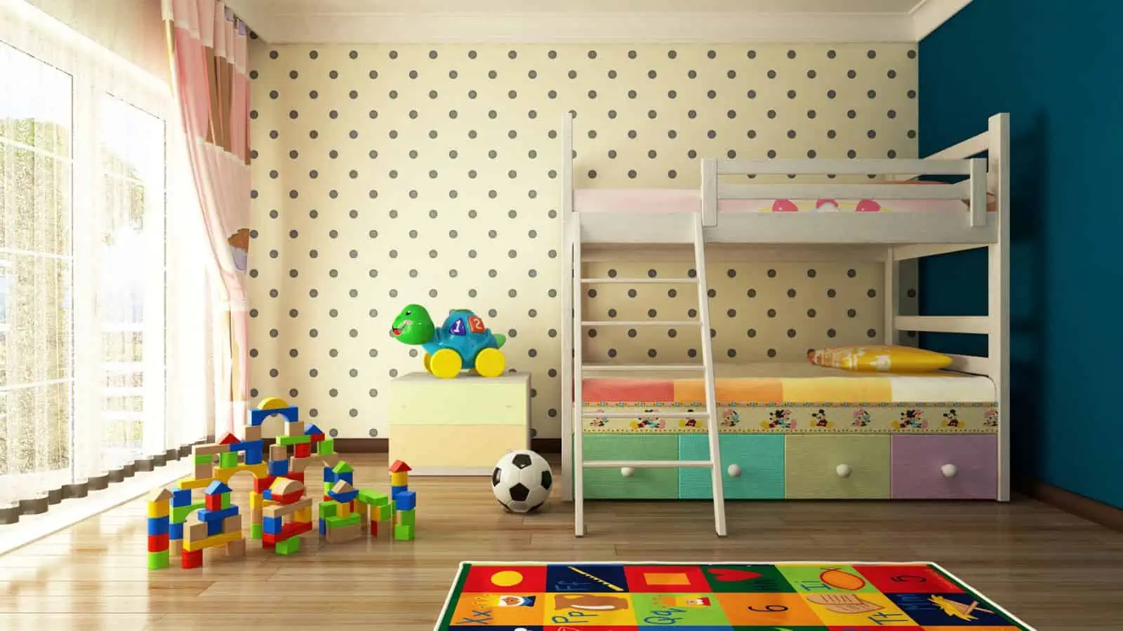colorful childs bedroom with bunkbed and toys