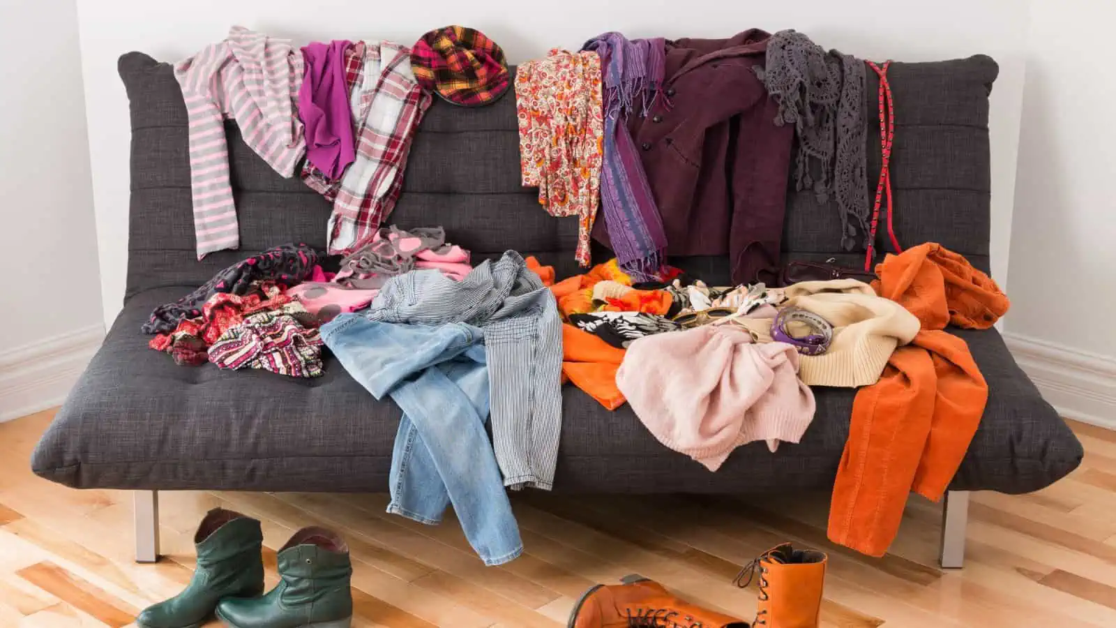 couch covered in clothes