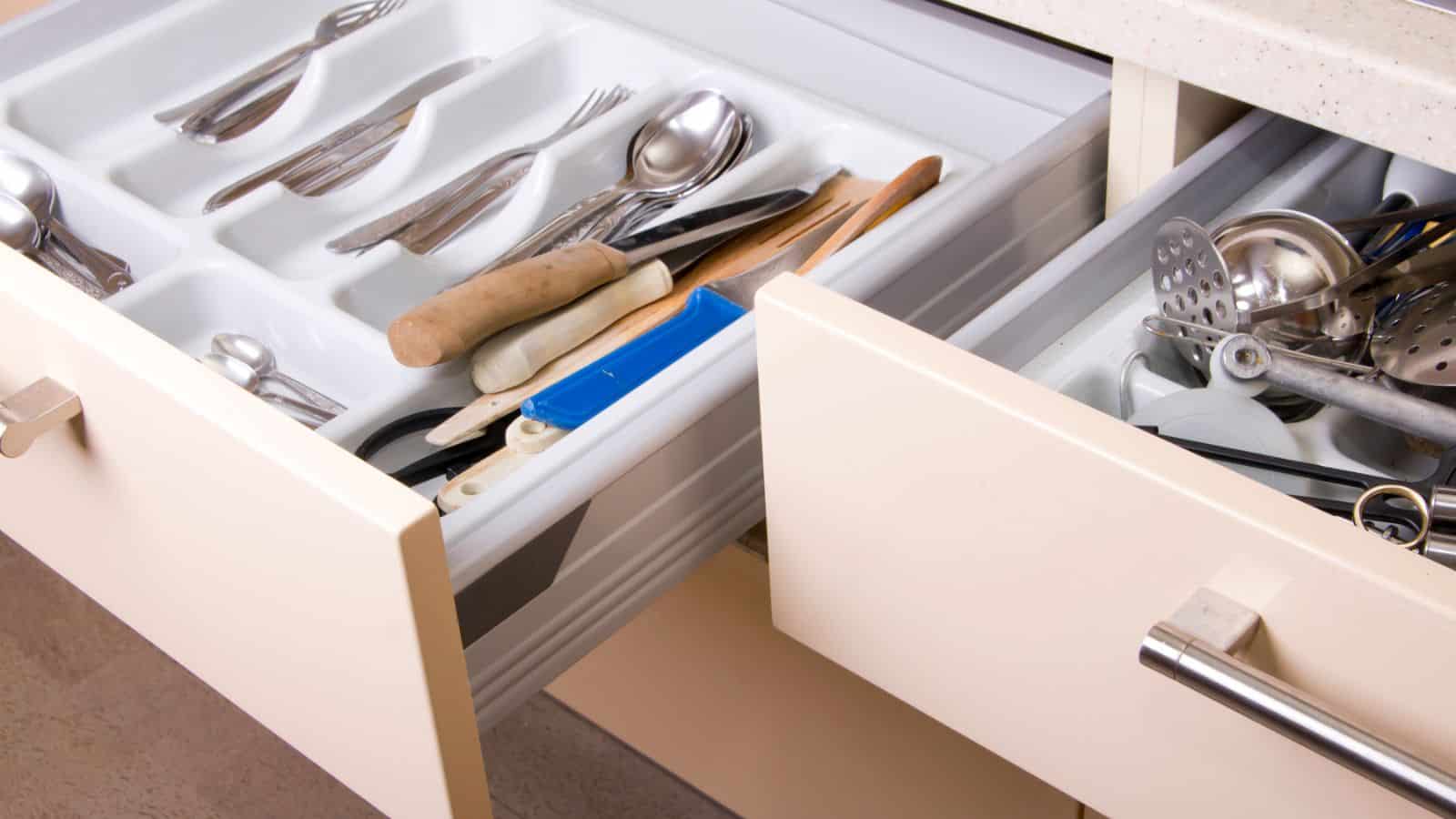drawer of kitchen eating and cooking utensils