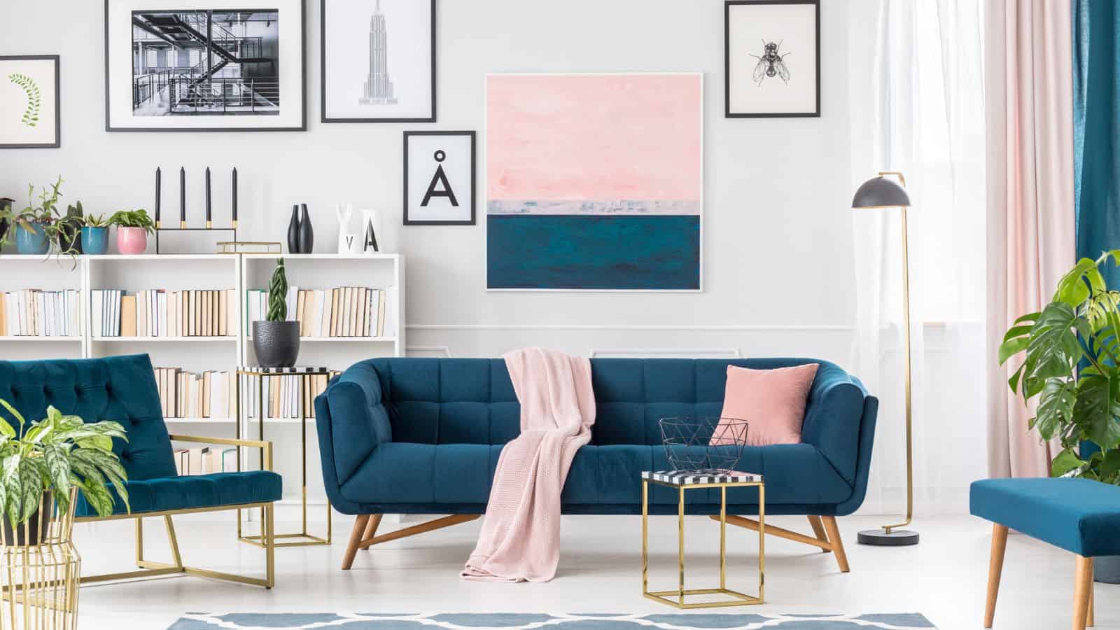modern family room with lots of navy white and pink