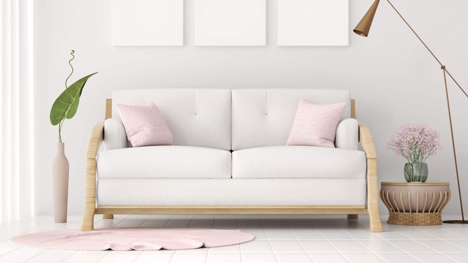 pink pillows on modern white furniture