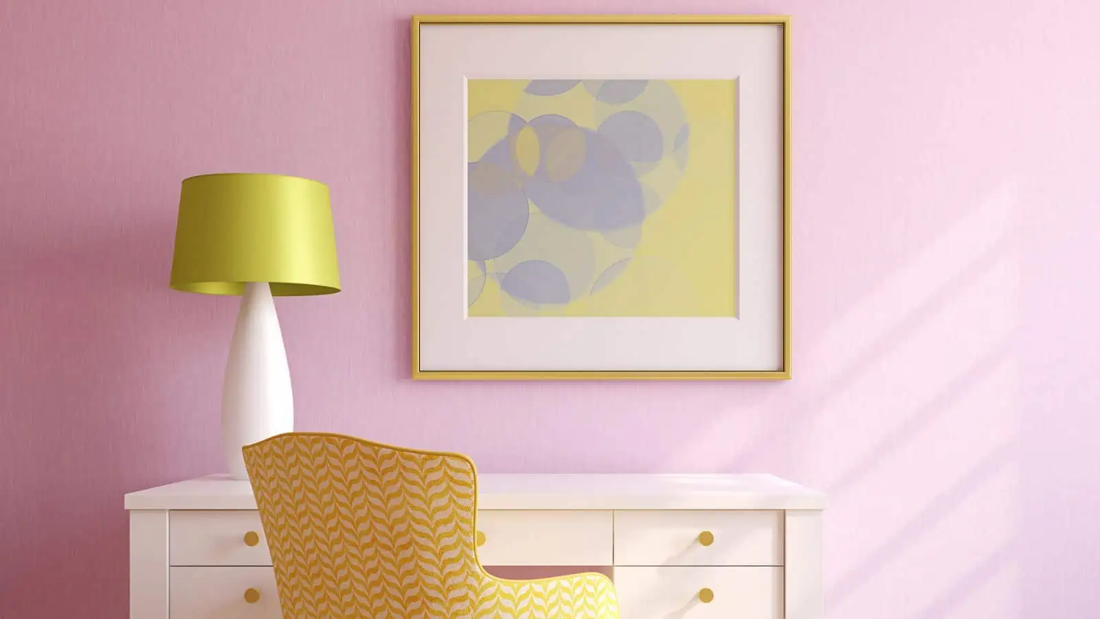 pink walls with yellow and white furniture